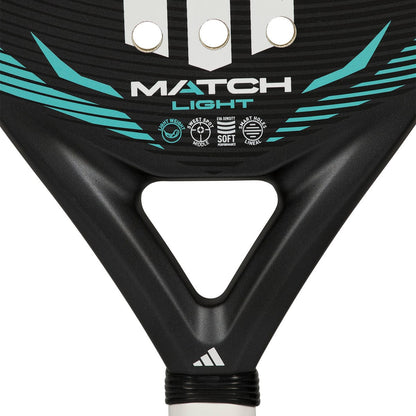 Close-up of the adidas Match Light 2026 padel racket, a lightweight black and teal racket with "MATCH LIGHT" text, stylish graphics, round holes, small icons by the handle, and the adidas logo at the base.