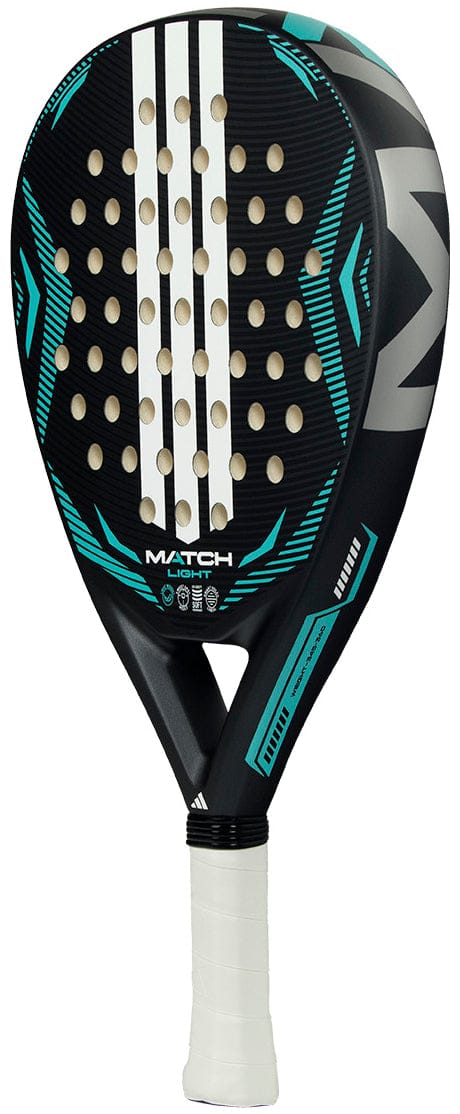 The ADIDAS Match Light 2026 Padel Racket by adidas is a black and teal racket with a white handle, three vertical white stripes, geometric accents, and a patterned face—perfect as a lightweight choice for beginners.