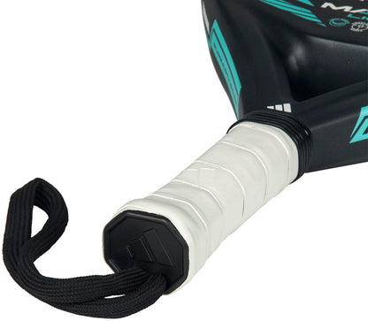 Close-up of the handle of the adidas Match Light 2026 Padel Racket, wrapped in white grip tape with a black wrist strap. This lightweight racket features a black and teal geometric design.