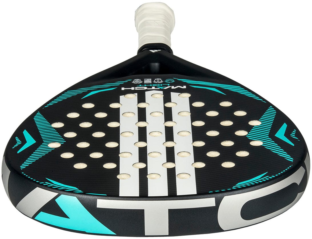 A close-up of the adidas ADIDAS Match Light 2026 Padel Racket shows its black, teal, and white design with circular holes and a white grip—an ideal lightweight padel racket for beginners.