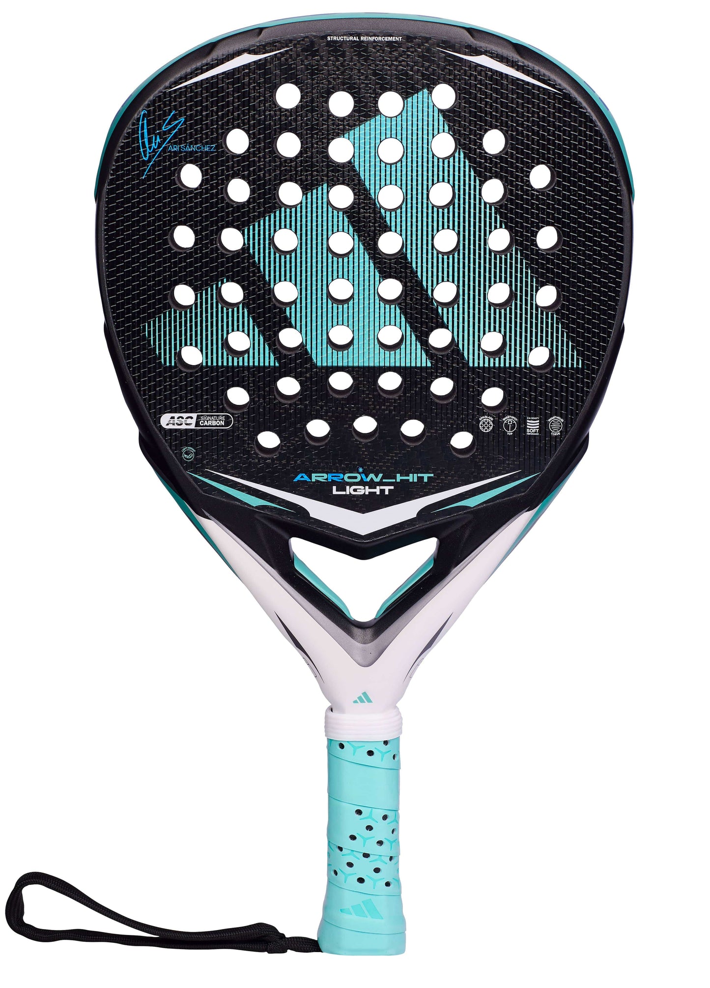 The adidas Arrow Hit Light Ari Sánchez 2026 padel racket features a black and turquoise design with a large light blue triangle, round face holes, white throat, turquoise grip, and black wrist strap.