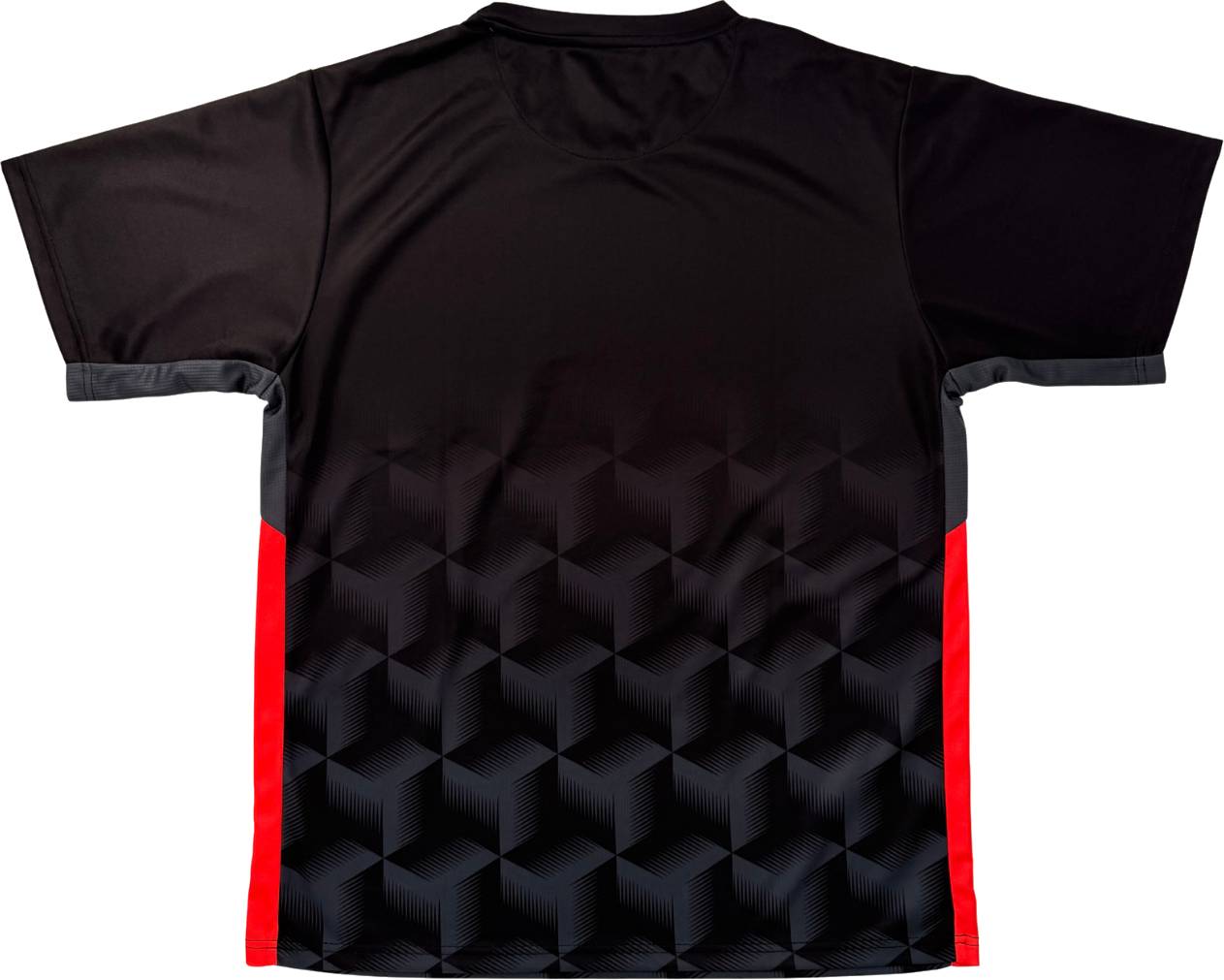 The Yonex YTM12 Mens Padel T-Shirt in black features a geometric cube pattern on the lower half and bold red stripes along the sides. Laid flat to show the back, this Yonex shirt blends contemporary style with high-performance comfort—ideal for your next padel match.