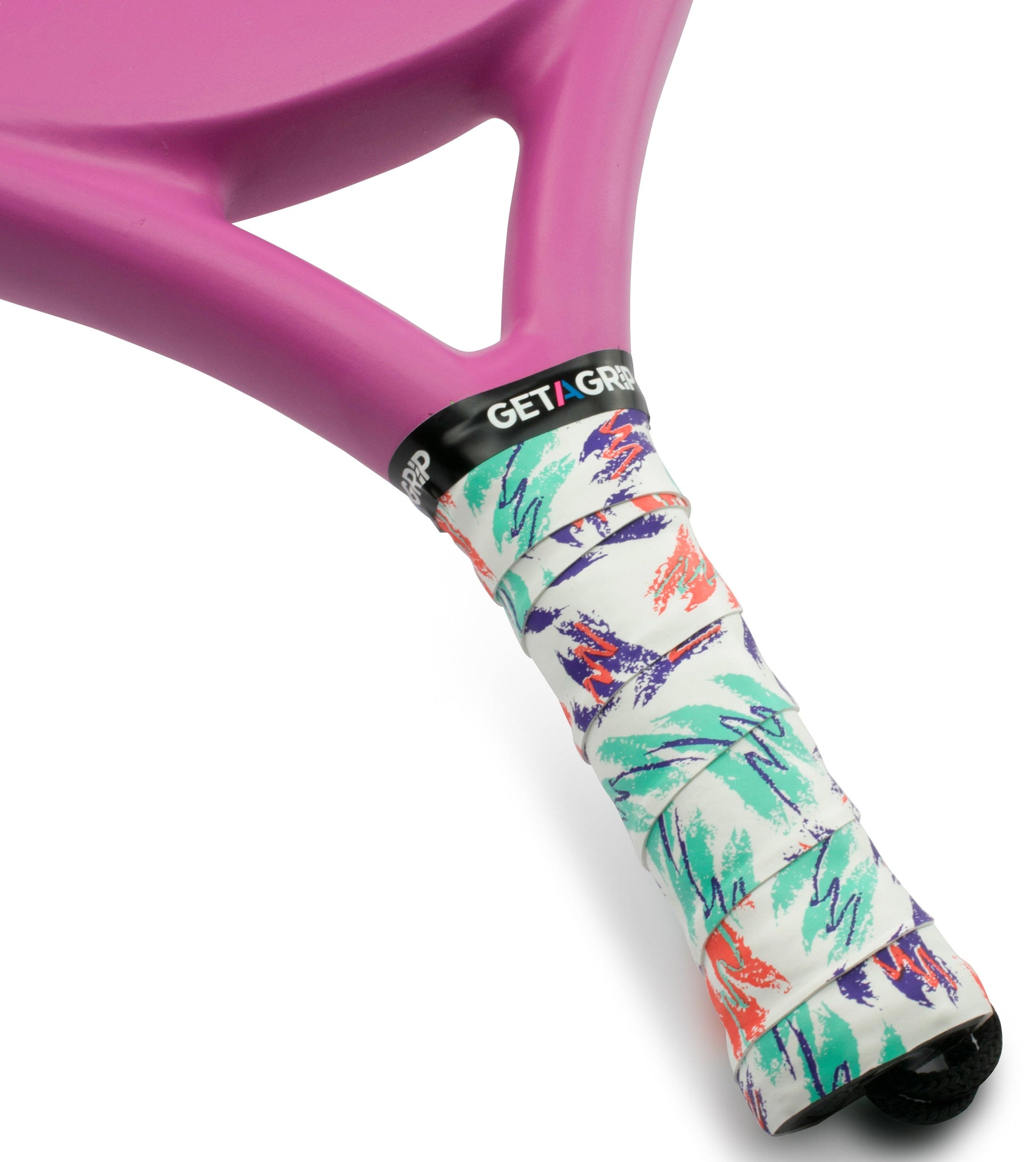 A close-up of a pink paddle racket with the Get a Grip Padel Overgrip - Baseline by Get A Grip, featuring a colorful abstract pattern in white, green, orange, and purple, and a black band near the top labeled "GET A GRIP.