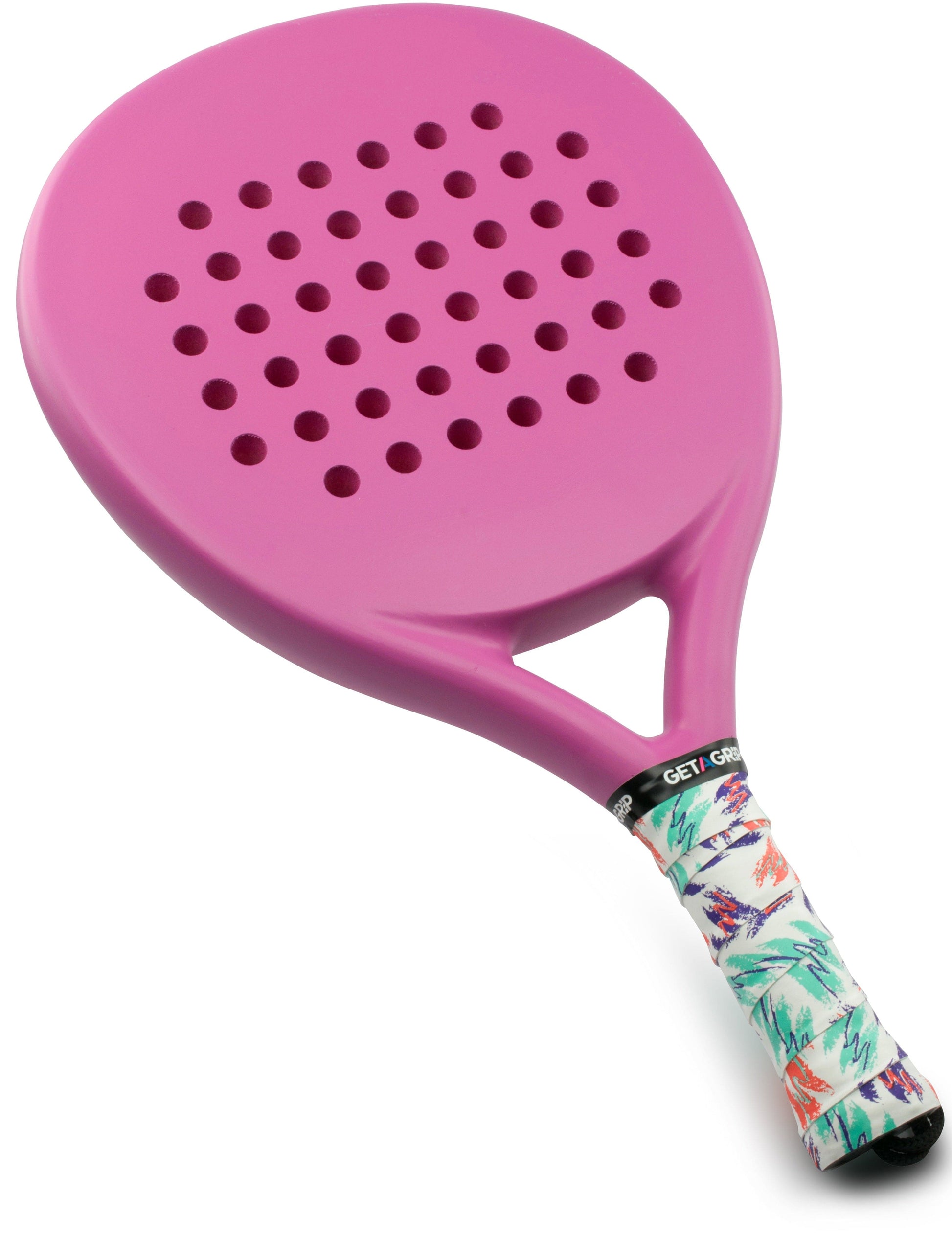 The Get A Grip Padel Overgrip - Baseline by Get A Grip is a colorful, patterned padel grip with "GET A GRIP" printed near the top, designed for comfort and style. Ideal for enhancing your racket’s look and feel.