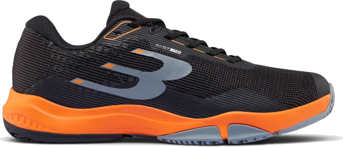 The Bullpadel Hybrid Fly 26I Mens Padel Shoes - Black feature a black mesh upper, orange sole and accents, gray details, a gray “B” logo, low profile, and lace-up design—ideal for sports or casual wear.