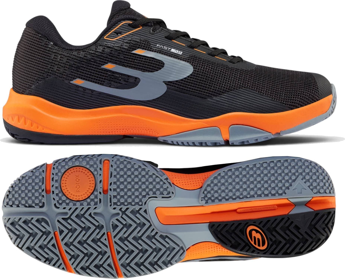 Bullpadel Hybrid Fly 26I Mens Padel Shoes - Black, with orange and gray accents, shown side and bottom. Features FASTLAB sole with grip pattern and logo, mesh panels, and a lace-up closure.