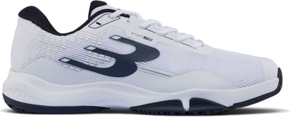The Bullpadel Hybrid Fly 26I Mens Padel Shoes - White / Navy feature a mesh upper, navy accents, and a bold “B” logo on the side. The thick hybrid outsole delivers excellent grip on the court.