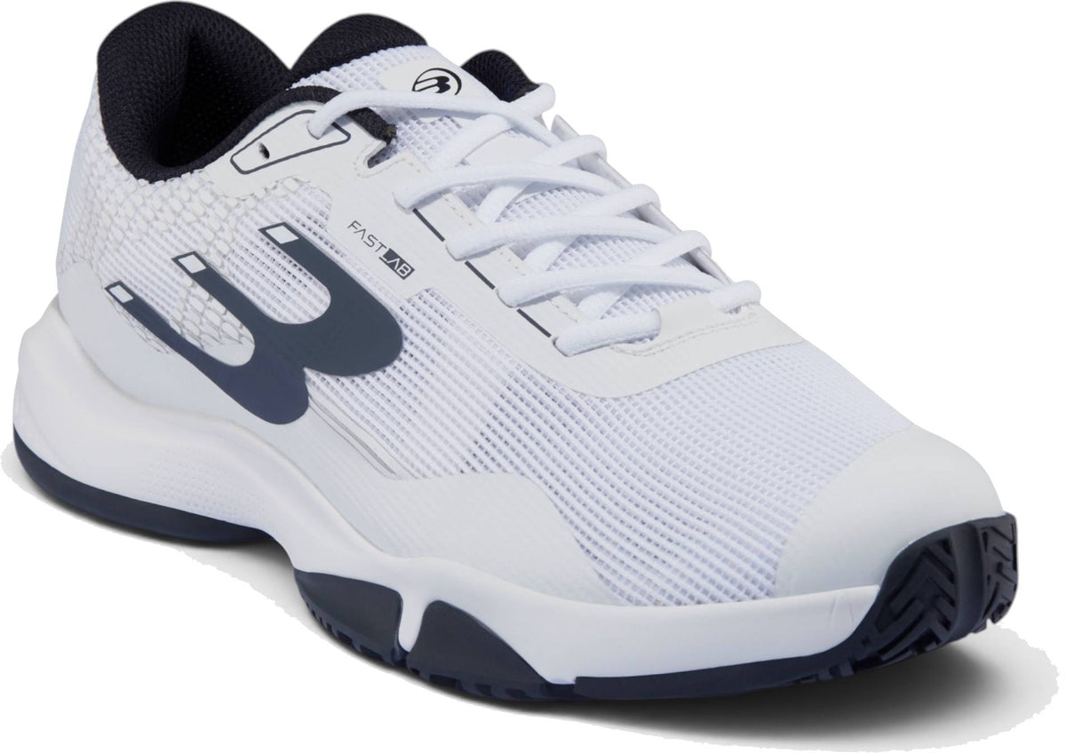 Bullpadel Hybrid Fly 26I Mens Padel Shoes - White / Navy feature a mesh upper for breathability, hybrid outsole for grip, bold “B” logo, and black tread—designed for top padel performance.