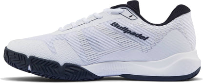 The Bullpadel Hybrid Fly 26I Mens Padel Shoes - White / Navy feature black accents, a hybrid outsole for traction, textured sole, “Bullpadel” in black on the side, and FASTLAB technology.