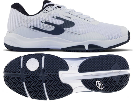 Bullpadel Hybrid Fly 26I Mens Padel Shoes - White / Navy shown from the side (top view) and bottom, with a large “B” logo and hybrid outsole featuring a textured rubber sole for traction.
