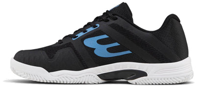 The Bullpadel Indiga 26I Mens Padel Shoes - Black feature a white sole, blue logo, black laces, textured grip, and curved arch details—ideal beginner padel shoes from Bullpadel for court support.