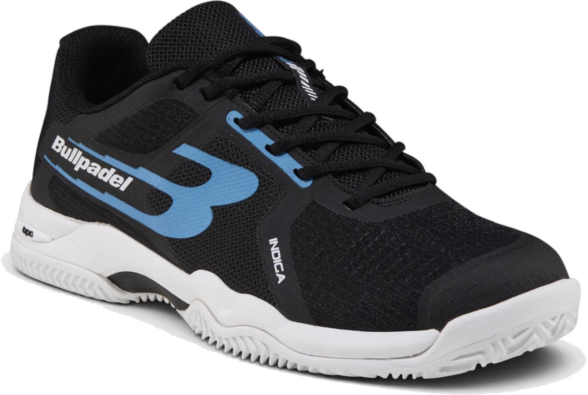 The Bullpadel Indiga 26I Mens Padel Shoes - Black feature a black mesh upper with blue and white accents, a textured sole, and are ideal for padel or tennis courts.