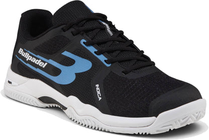 The Bullpadel Indiga 26I Mens Padel Shoes - Black feature a black mesh upper with blue and white accents, a textured sole, and are ideal for padel or tennis courts.