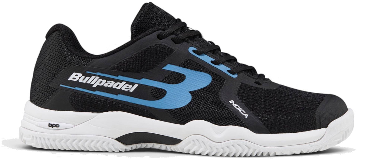 Bullpadel Indiga 26I Mens Padel Shoes - Black feature a blue “B” logo, white sole, and “Indiga” text—ideal beginner shoes for paddle sports.