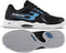 The Bullpadel Indiga 26I Mens Padel Shoes - Black are shown from the side and bottom, featuring blue and white accents, a bold tread pattern, and large “B” logo—ideal for quality padel court performance.