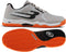 The Bullpadel Indiga 26I Mens Padel Shoes - Orange feature gray with black and orange accents, a breathable mesh upper, herringbone outsole tread, and the Bullpadel logo shown from the side and bottom.