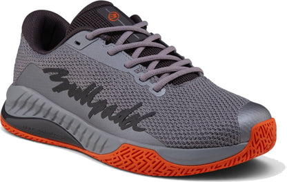 Bullpadel Ionic 26I Mens Padel Shoes - Dark Grey feature an orange sole and toe, black side design, mesh upper, and gray laces—perfect for intermediate and advanced players seeking comfort and performance.