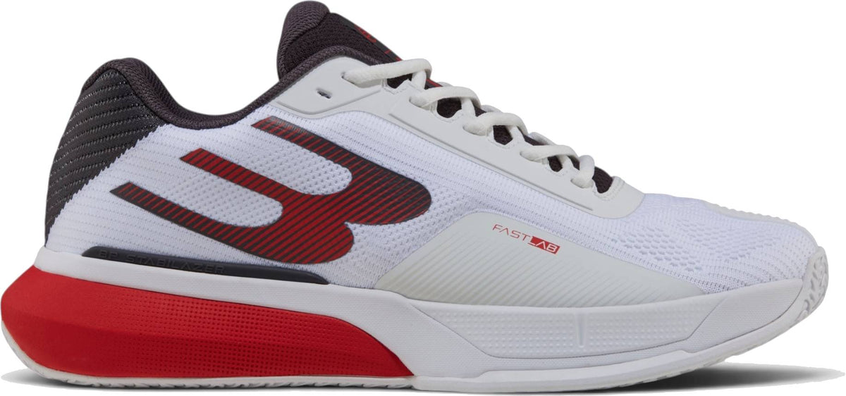 The Bullpadel Neuron 26I Mens Padel Shoes - White feature black and red accents, black laces, and a bold logo—a sporty design inspired by Fede Chingotto for your next game.