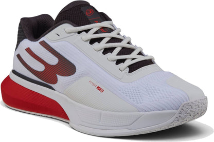 White Bullpadel Neuron 26I Mens Padel Shoes feature black and red accents, a bold logo, and a sleek design inspired by Fede Chingotto—ideal for both padel matches and casual style.