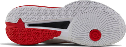 Bottom view of Bullpadel Neuron 26I Mens Padel Shoes - White shows a white and red textured sole, Fede Chingotto’s signature, star heel detail, circular logo by the toe, and “superstep” on the midsole—ideal for padel.