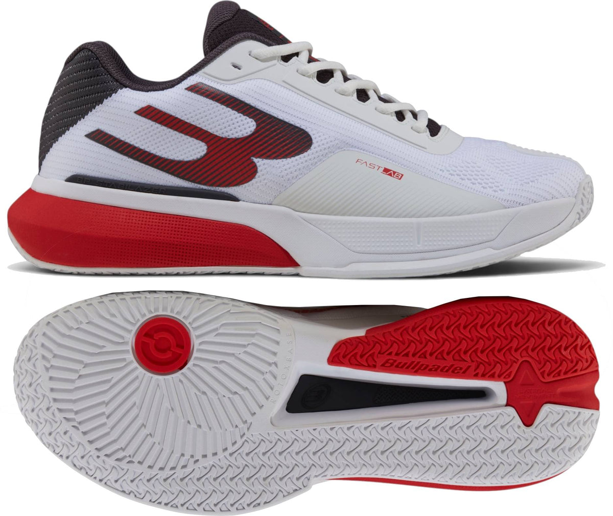 Bullpadel Neuron 26I Mens Padel Shoes - White shown from side and bottom, featuring a red and black Bullpadel logo, textured sole with “Bullpadel” branding, as worn by Fede Chingotto.