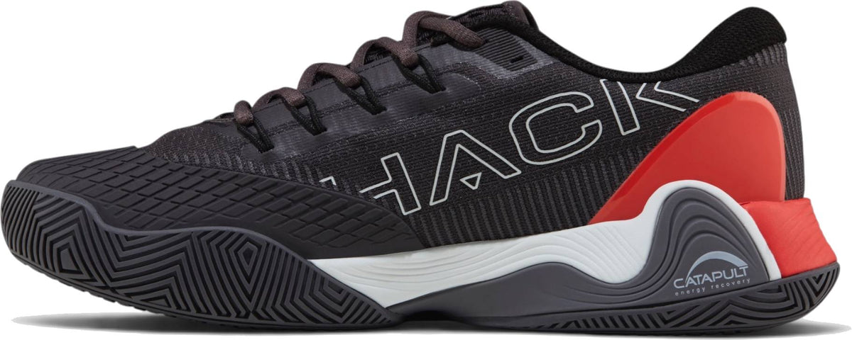 The Bullpadel Vertex Vibram 26I Mens Padel Shoes - Asphalt feature “HACK” side print, red heel support, textured toe area, and patterned Vibram outsole—perfect for padel fans. “CATAPULT” branding near the heel.