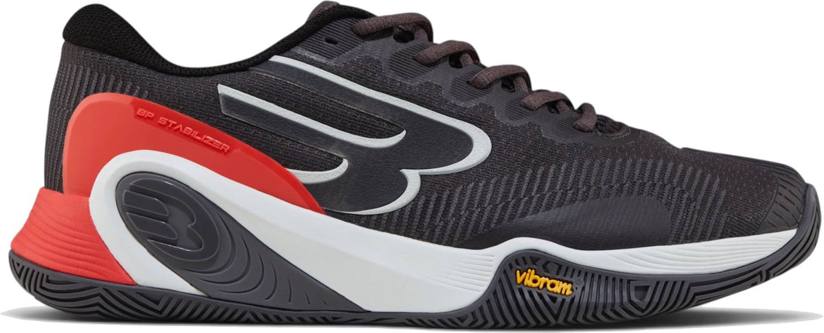 Black and red Bullpadel Vertex Vibram 26I Mens Padel Shoes - Asphalt with gray and white details, a bold “B” logo, and Vibram outsole label, shown side view on a white background.