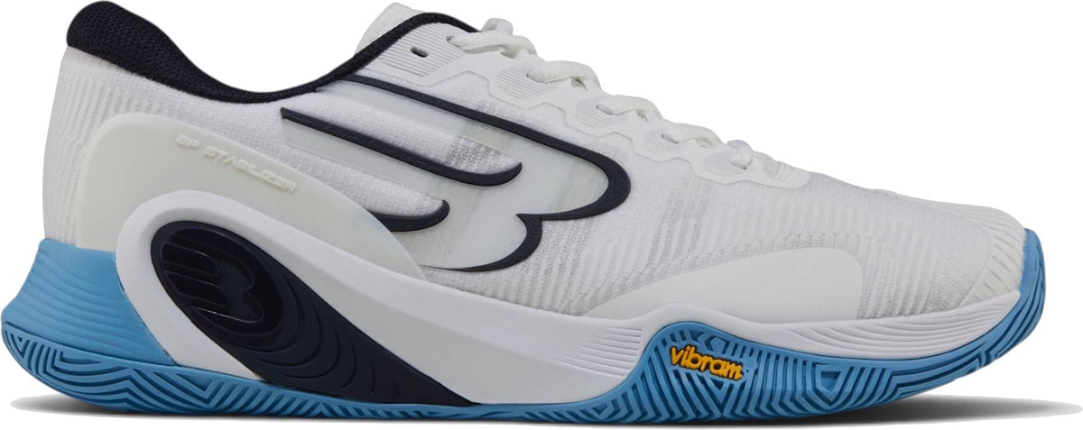 The Bullpadel Vertex Vibram 26I Mens Padel Shoes - Blue feature a white upper with blue sole, black and blue accents, stylized “B” logo, yellow Vibram outsole logo, white laces, and a low-cut profile.