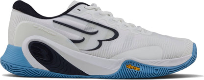The Bullpadel Vertex Vibram 26I Mens Padel Shoes - Blue feature a white upper with blue sole, black and blue accents, stylized “B” logo, yellow Vibram outsole logo, white laces, and a low-cut profile.
