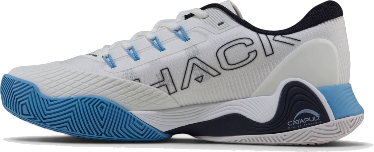 The Bullpadel Vertex Vibram 26I Mens Padel Shoes - Blue feature a white base with blue and black accents, “HACK” on the side, “CATAPULT” branding by the heel, and a bold blue-and-white Vibram outsole.