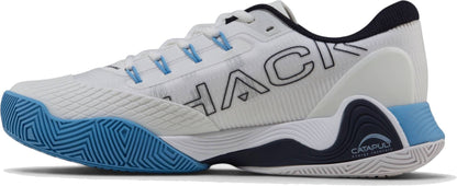 The Bullpadel Vertex Vibram 26I Mens Padel Shoes - Blue feature a white base with blue and black accents, “HACK” on the side, “CATAPULT” branding by the heel, and a bold blue-and-white Vibram outsole.