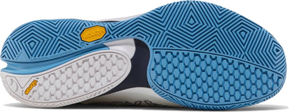 Close-up of the Bullpadel Vertex Vibram 26I Mens Padel Shoes - Blue sole, showing blue and white geometric tread patterns with two yellow Vibram logos on the durable outsole.
