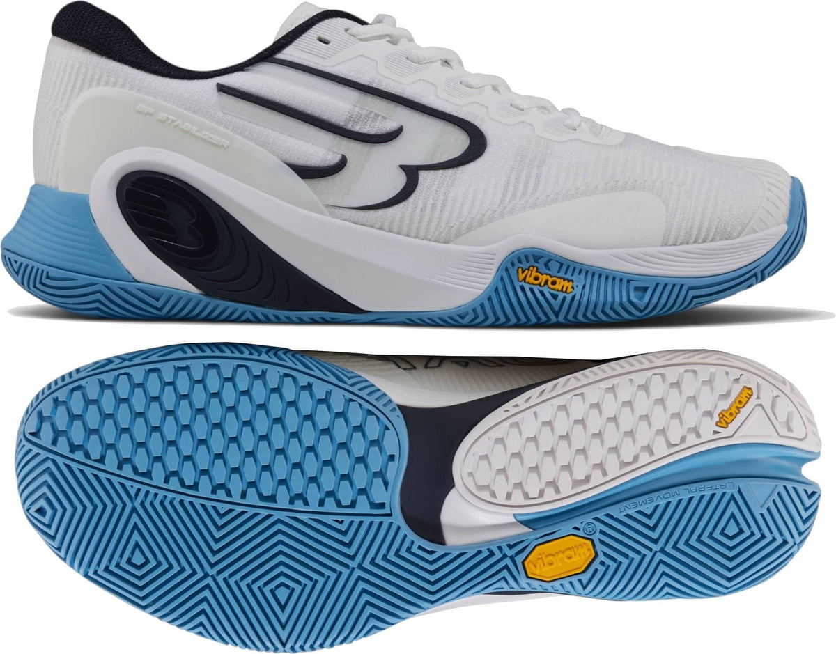 Bullpadel Vertex Vibram 26I Mens Padel Shoes - Blue shown from the side and bottom, featuring a textured Vibram outsole and unique wavy design by Bullpadel.