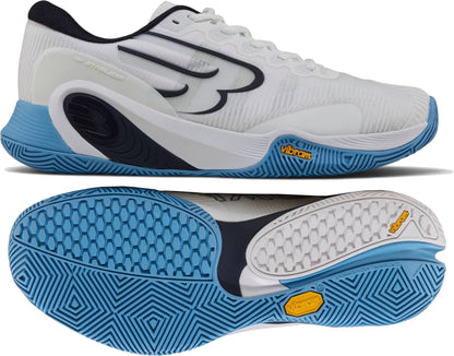 Bullpadel Vertex Vibram 26I Mens Padel Shoes - Blue shown from the side and bottom, featuring a textured Vibram outsole and unique wavy design by Bullpadel.