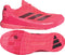 The adidas Crazyquick LS Men's Padel Shoes in Solar Turbo, Core Black, and Lucid Red feature bold black stripes and a textured sole with black accents for superior multi-directional grip, shown from side and bottom views. Perfect for intense padel matches.