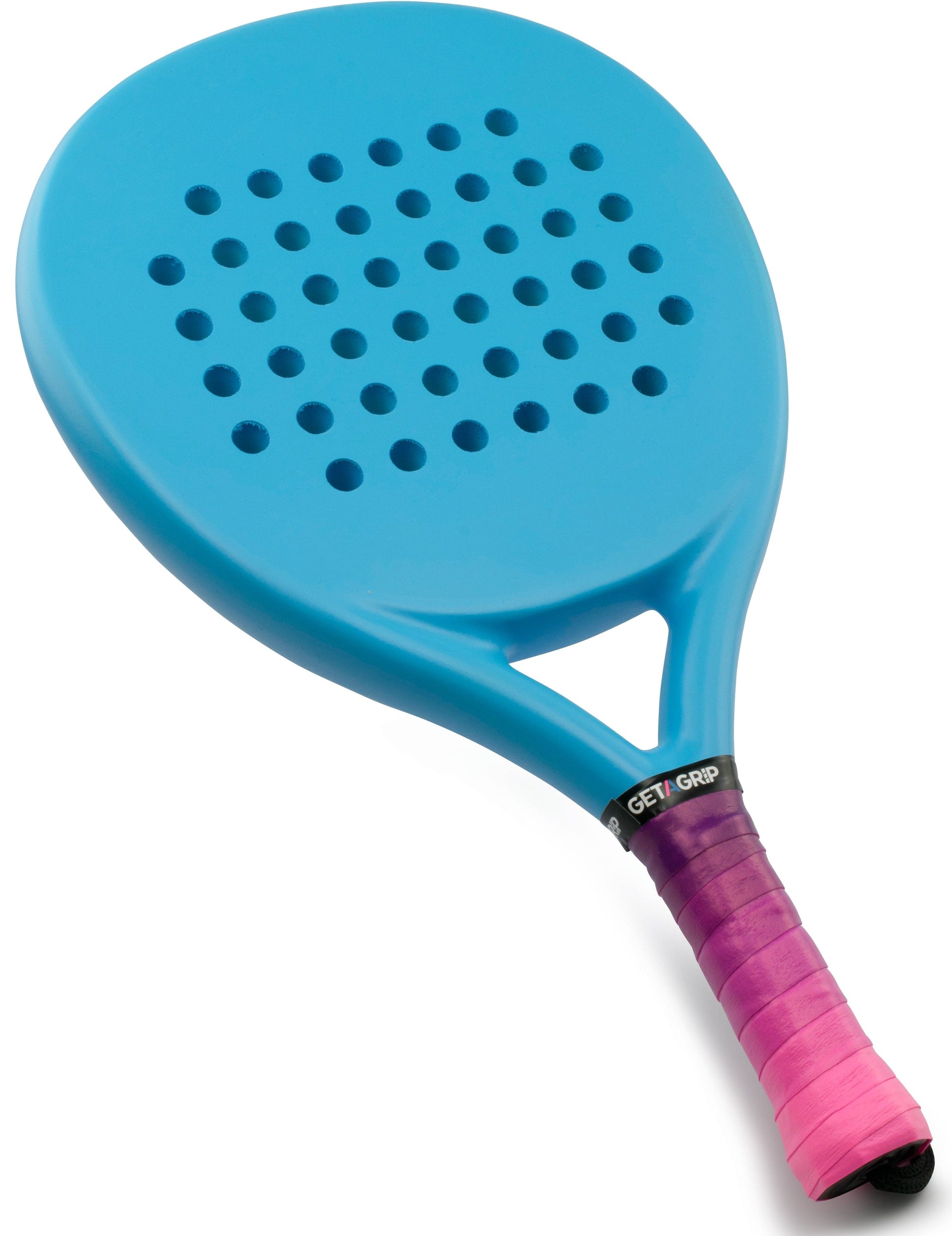 The Get A Grip Padel Overgrip - Cascade from Get A Grip is shown wrapped on a blue paddle with circular holes and "GET A GRIP" label, set against a white background.