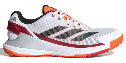 The adidas Crazyquick LS Mens Padel Shoes - White / Orange feature a mesh upper, lace-up design, multi-directional grip, orange sole, and small adidas logo near the heel with black stripes and red/orange accents.