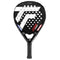 The Tecnifibre Curva Power Padel Racket in black features a prominent "T" logo and multiple holes on its 18K carbon face, "CURVEO POWER" in bold red, a small French flag near the base, and a textured dark grip for optimal control.
