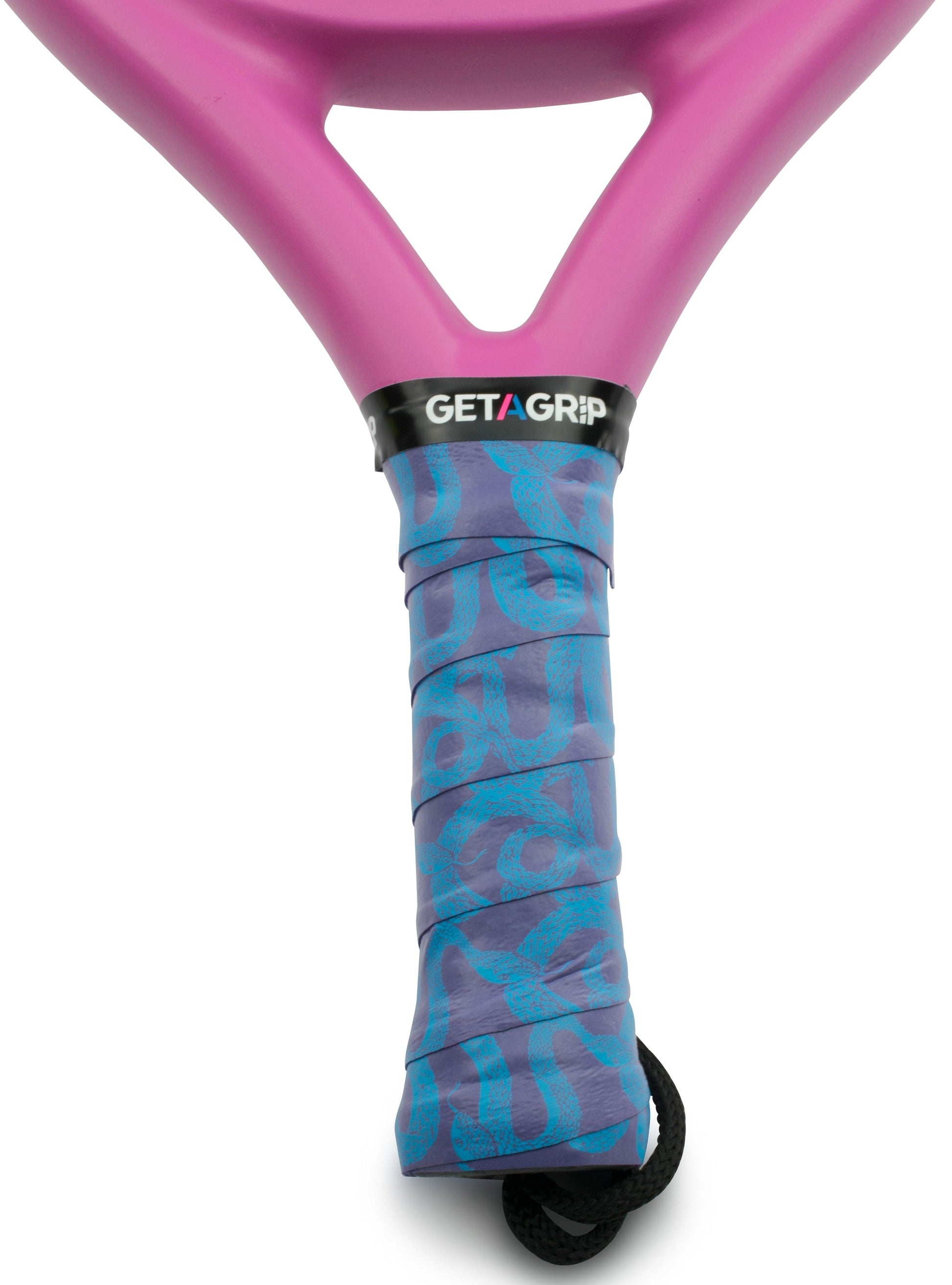 Close-up of a pink tennis racket handle wrapped with the Get a Grip Padel Overgrip - Hydra by Get A Grip, featuring abstract blue patterns and "GET A GRIP" on the black edge—an ideal padel gift for enthusiasts.