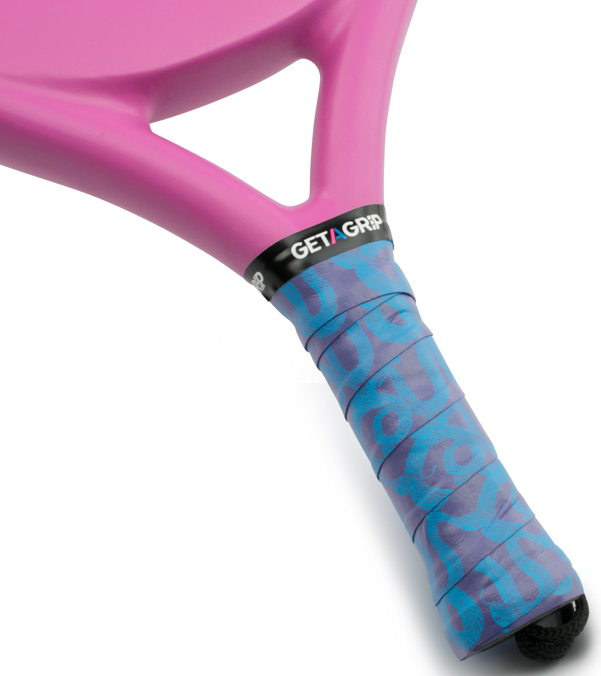 Close-up of the handle of a pink racquet wrapped with the Get A Grip Padel Overgrip - Hydra by Get A Grip, featuring a stylish pattern and "GET A GRIP" printed on a black band—an ideal padel gift for enthusiasts.