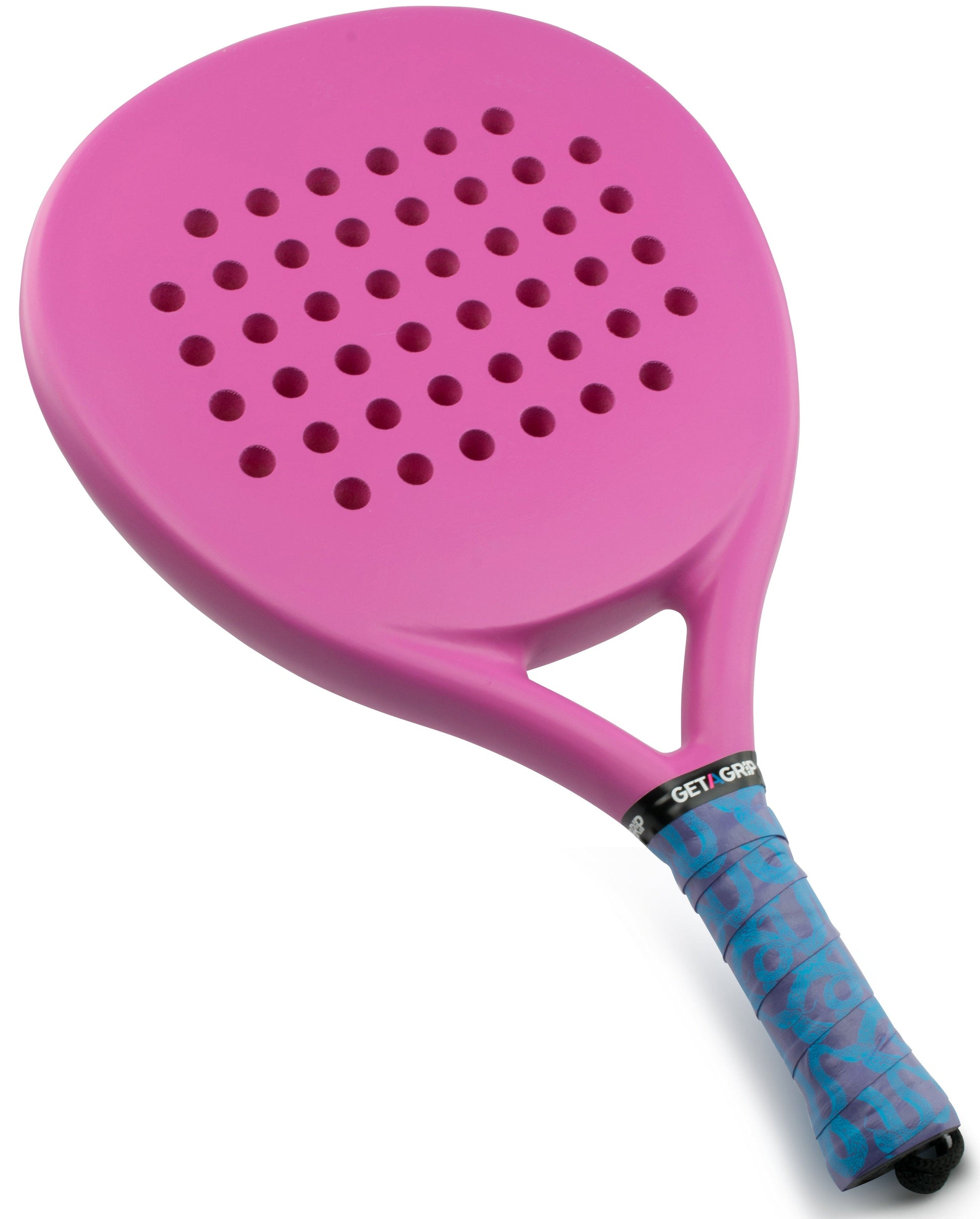 A pink padel racket with circular holes paired with the Get A Grip Padel Overgrip - Hydra by Get A Grip, featuring a blue design and black band—an ideal, stylish gift for any padel enthusiast.