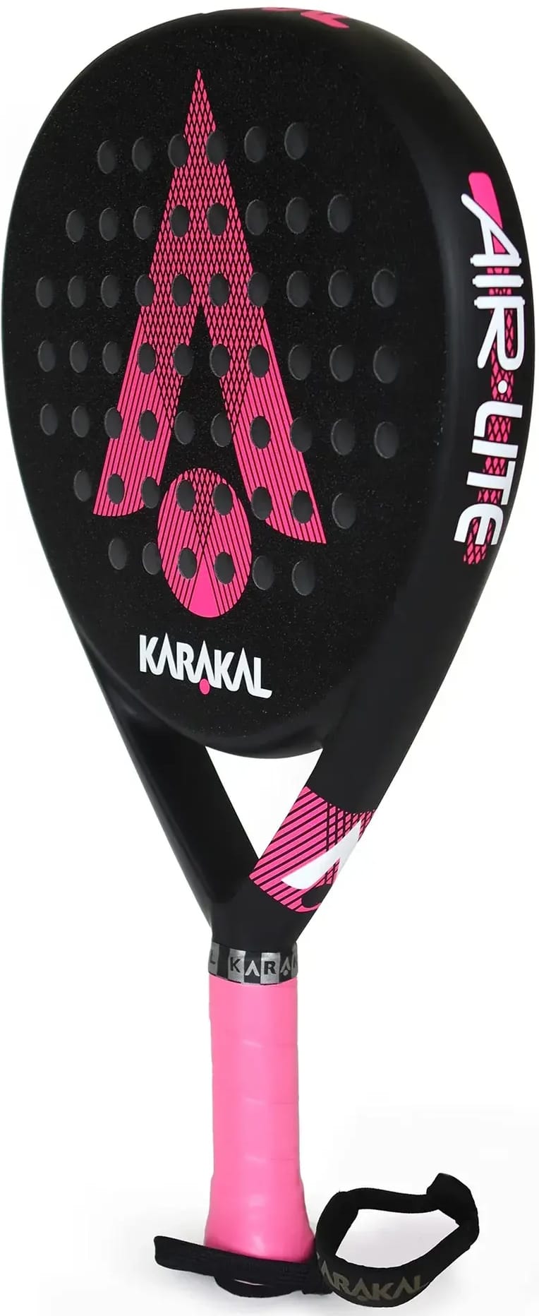 Karakal Air Lite 345 Pink Padel Racket featuring a perforated head and a black and pink grip.