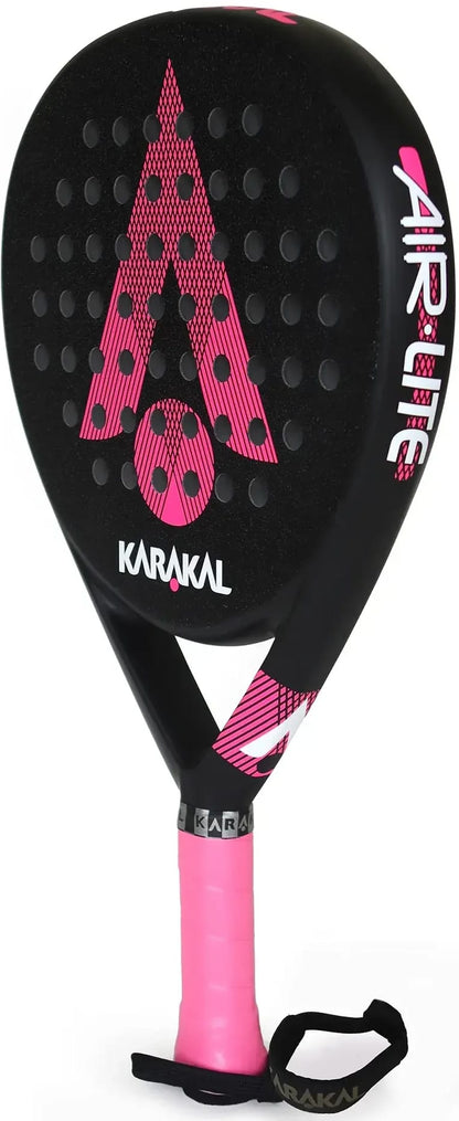 Karakal Air Lite 345 Pink Padel Racket featuring a perforated head and a black and pink grip.