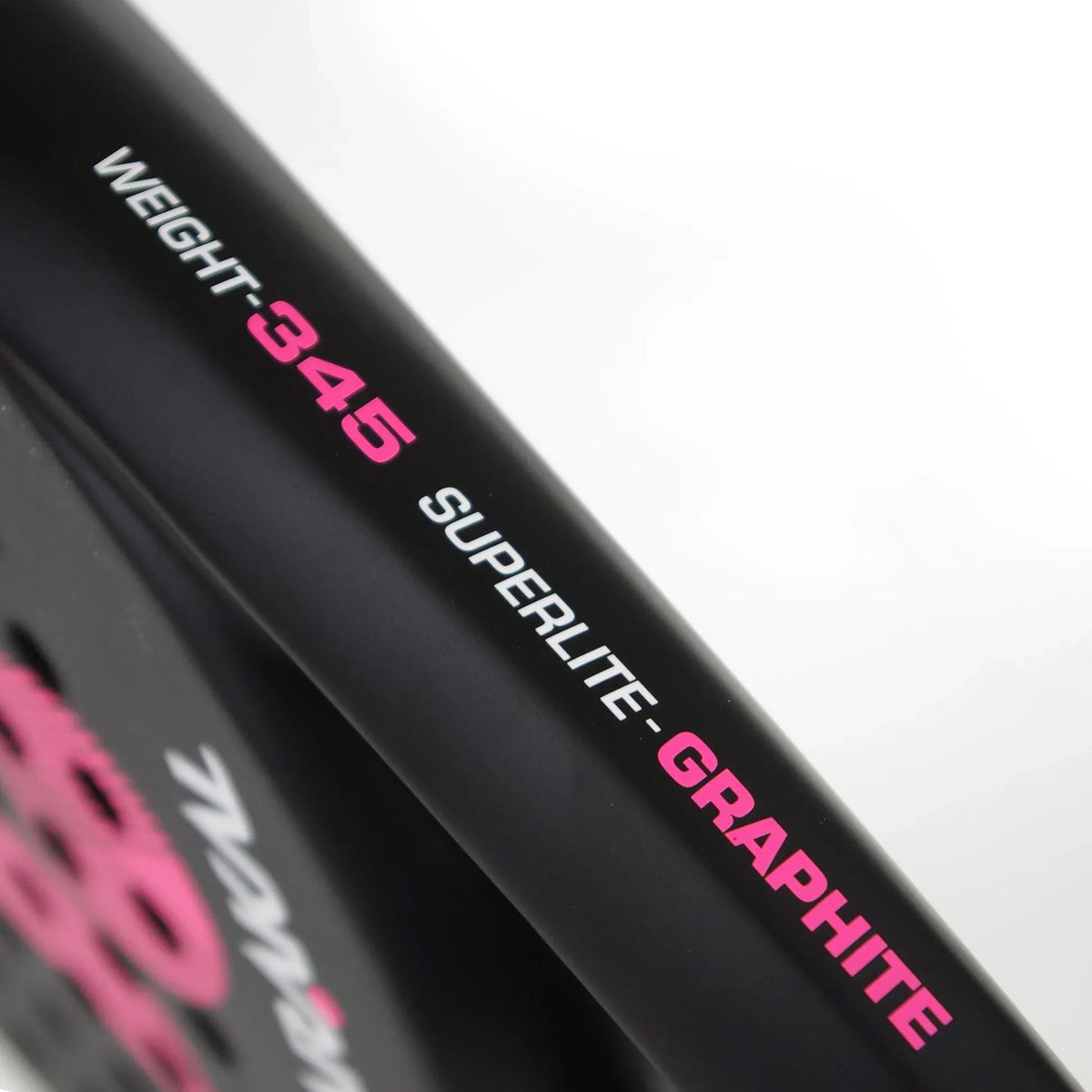 Close-up of the Karakal Air Lite 345 Pink Padel Racket edge, featuring “WEIGHT-345 SUPERLITE-GRAPHITE” in pink and white text.