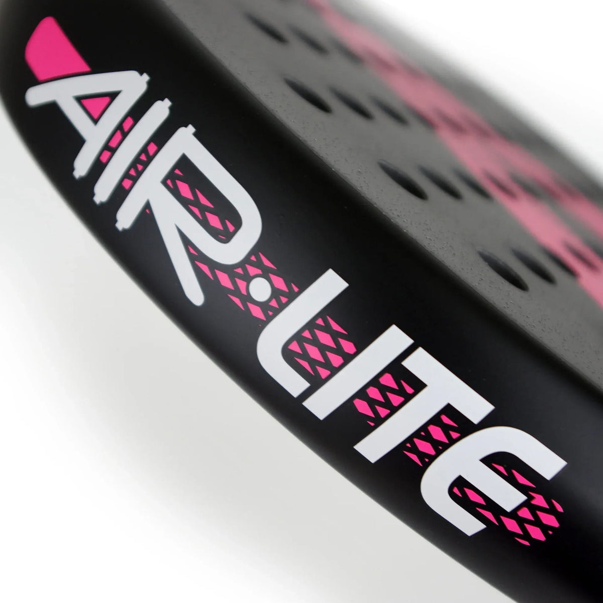 Close-up of a black Karakal Air Lite 345 Pink Padel Racket featuring the text “AIR LITE” in white letters with pink accents and circular perforations on the racket face.