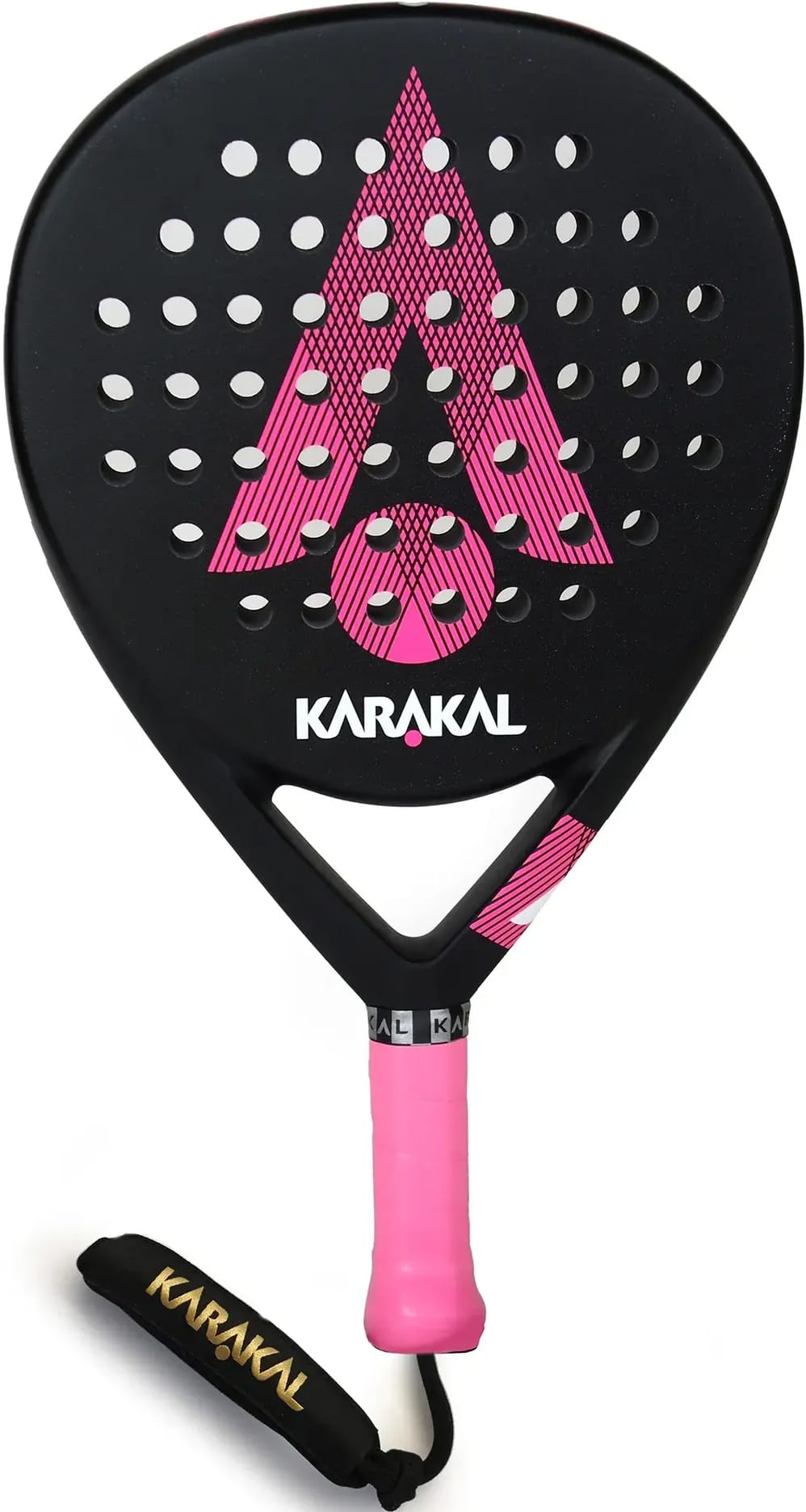 Karakal Air Lite 345 Pink Padel Racket with a pink triangular logo and a pink grip handle featuring a black wrist strap.