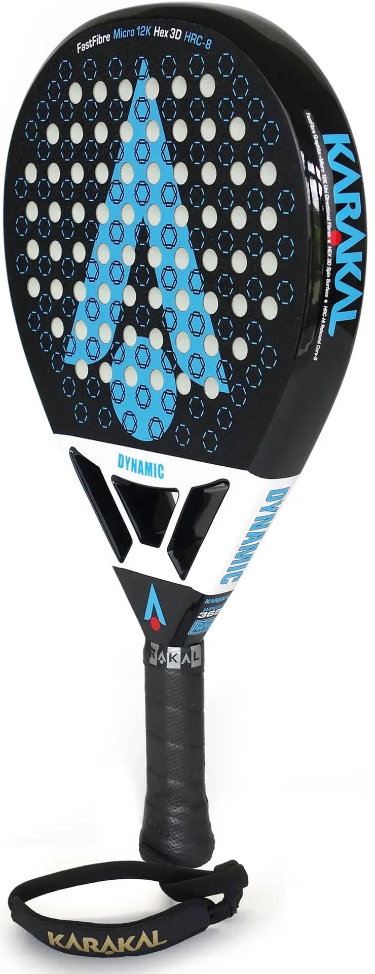Black and white Karakal Chaos Dynamic 2026 padel racket featuring a patterned face, a triangular bridge, and a black handle with a wrist strap.