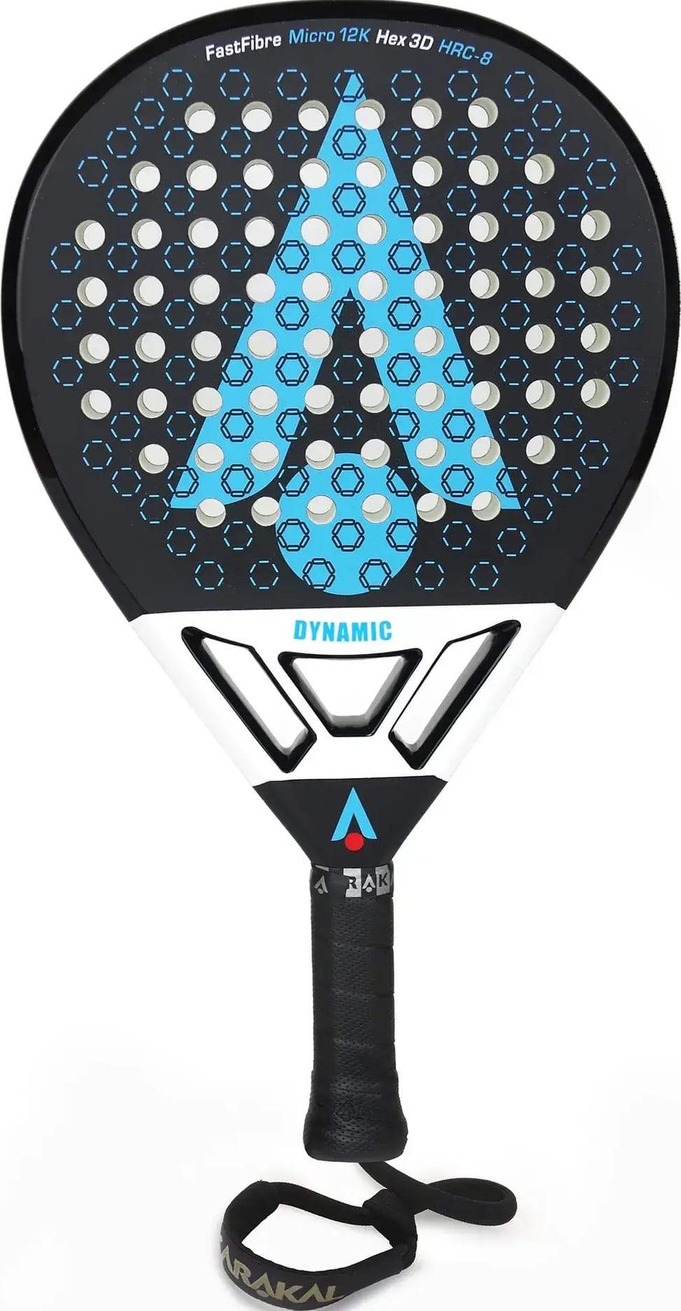Karakal Chaos Dynamic 2026 padel racket in black and white, featuring a perforated surface, a large blue triangle graphic, and a wrist strap attached to the handle.