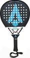 Karakal Chaos Dynamic 2026 padel racket in black and white, featuring a perforated surface, a large blue triangle graphic, and a wrist strap attached to the handle.