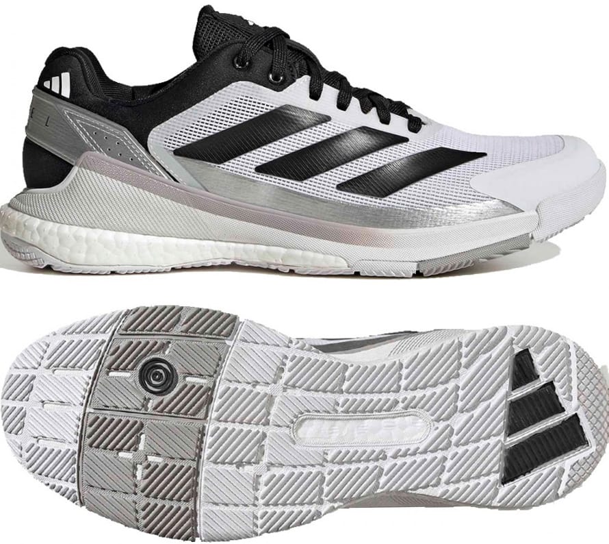 Cloud White, Core Black, and Silver Metallic adidas Crazyquick Boost Men's Padel Shoes are shown from the side and bottom, highlighting their signature three black stripes, textured sole, and mixed synthetic materials designed for running or sports activities. These adidas Crazyquick Boost men's padel shoes provide enhanced energy return to keep you performing efficiently on the court.